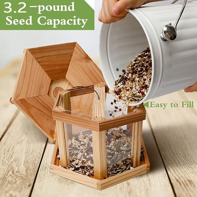 Solution4Patio Bird Feeder for Outdoors - USA Cedar Hexagon Gazebo Bird Feeders with Vented Mesh Tray, Easy-Clean &amp; Fill Design 9.6" Dia. X 8.7" H 3.2-lb Capacity