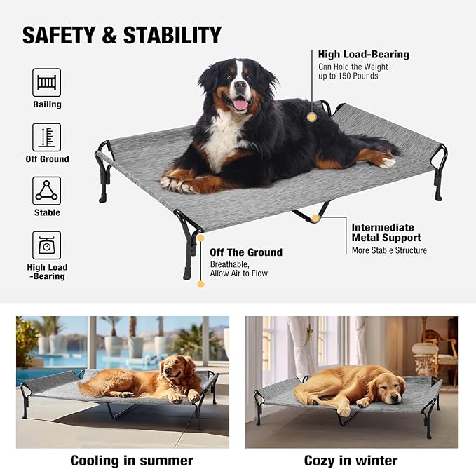 Veehoo Cooling Elevated Dog Bed, Guardrail Raised Pet Cot, Indoor &amp; Outdoor XXL Pet Bed with Washable &amp; Breathable Teslin Mesh, Non-Slip Feet, Dog Couch Bed, 62.5" x 37", Black Silver