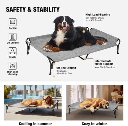 Veehoo Cooling Elevated Dog Bed, Guardrail Raised Pet Cot, Indoor &amp; Outdoor XXL Pet Bed with Washable &amp; Breathable Teslin Mesh, Non-Slip Feet, Dog Couch Bed, 62.5" x 37", Black Silver