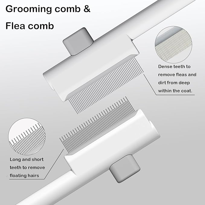 Pet Grooming Combo - Flea Comb(Dense Teeth) and Pet Hair Removal Comb(Long &amp; Short Stainless Steel Teeth) with Release Button for Grooming Massaging and Cleaning Remove Fleas on Cat and Dog