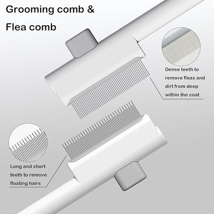 Pet Grooming Combo - Flea Comb(Dense Teeth) and Pet Hair Removal Comb(Long &amp; Short Stainless Steel Teeth) with Release Button for Grooming Massaging and Cleaning Remove Fleas on Cat and Dog