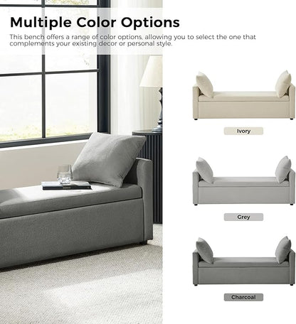 HULALA HOME Modern Storage Ottoman Bench with Throw Pillows, 59" Extra Long End of Bed Bench with Storage Pocket, Comfy Upholstered Footstool for Bedroom Entryway Living Room, Charcoal