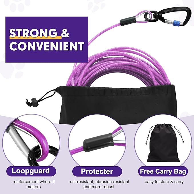 Snagle Paw Heavy Duty Long Dog Leads for Yard 200FT-1000LBS Break Strength,Dog Tie Out Cable with Swivel Lockable Hook &amp; Spring,Chew Proof Dog Chain for Outside,Dog Run Cable for Medium Large Dogs