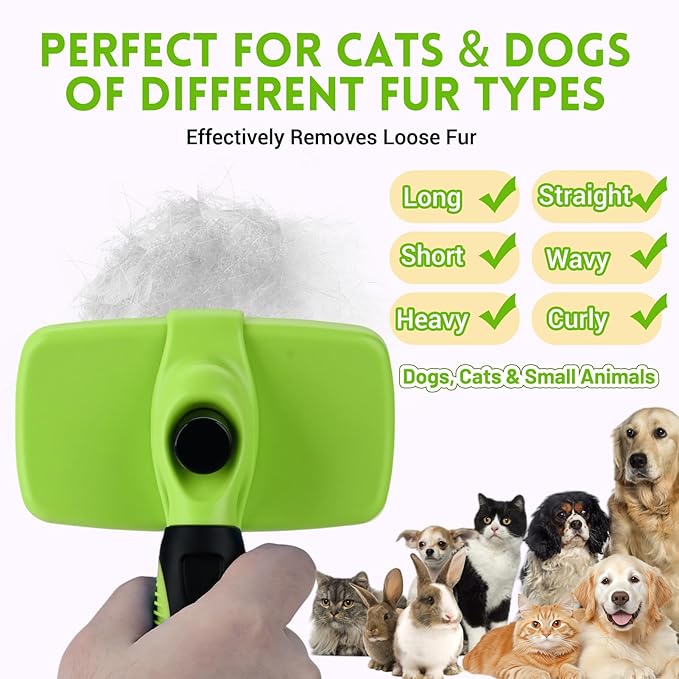 Large Self Cleaning Deshedding Brush for Dogs &amp; Cats - One Button Hair Release Grooming Tool, Gentle Massage Brush for Long and Short Hair (Green)