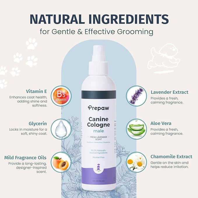 Luxury Male Pet Cologne - Fresh Lavender Scent, 3-in-1 Formula Conditions &amp; Moisturizes, Made with 94% Natural Ingredients, Long Lasting Fragrance, Safe &amp; Easy to Use | 8 fl oz