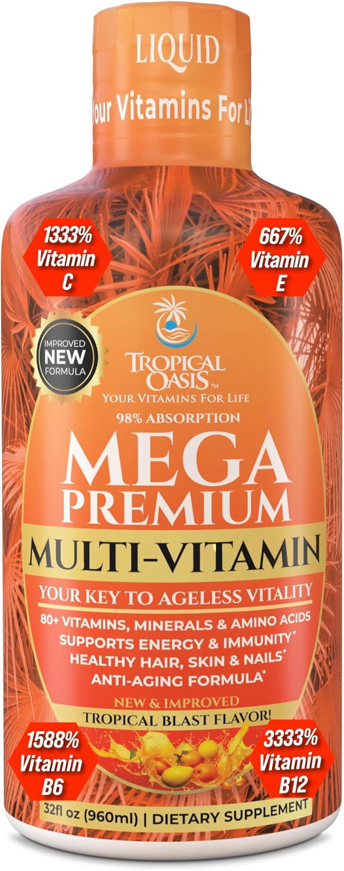 Mega Premium Liquid Multivitamin | Natural Immune Support Vitamin w/ 1333% Vitamin C, 200% D3, Zinc + 20 Vitamins, 70 Minerals, &amp; 21 Amino Acids | Sugar Free | Orange Flavor | 98% Absorption | 32 Serv