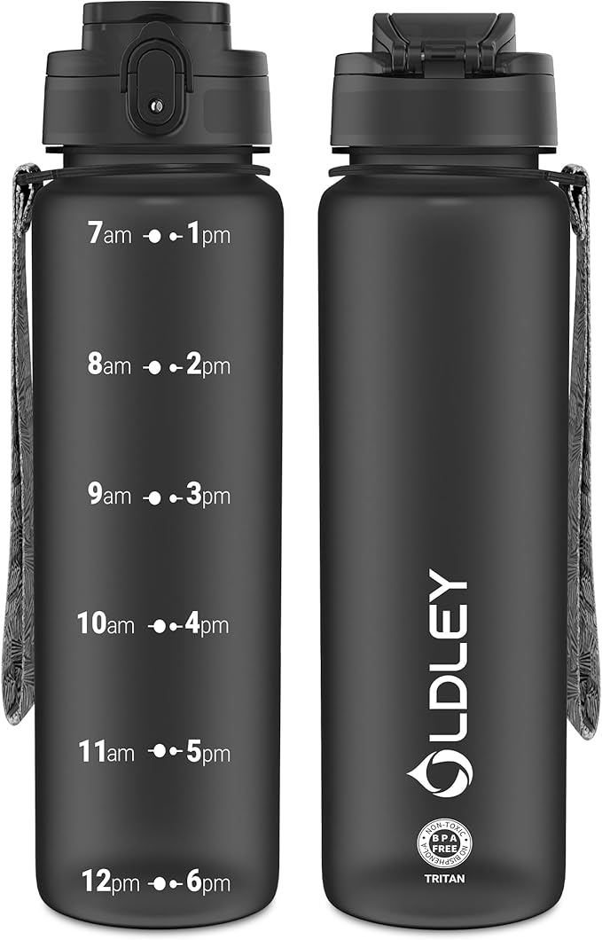 OLDLEY 32 oz Water Bottle, Motivational Water Bottle with Time Marker, Sports Water Bottle With Strap, Leakproof &amp; BPA Free Large Water Bottles for School, Gym, Travel, Outdoor, Tritan,Black