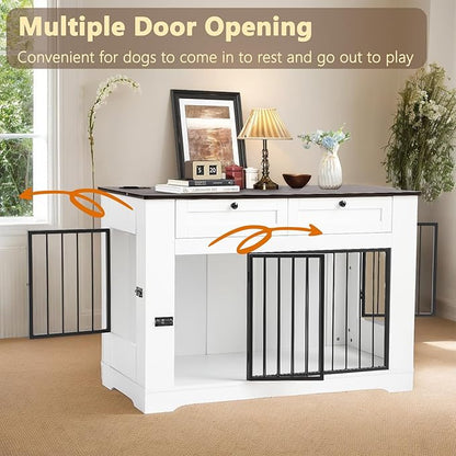 Large Dog Crate Furniture-Decorative Heavy Duty Dog Cage Indoor, Wooden Dog Cage End Table with Charging Station, Dog House with 2 Drawers (White, 47.2&