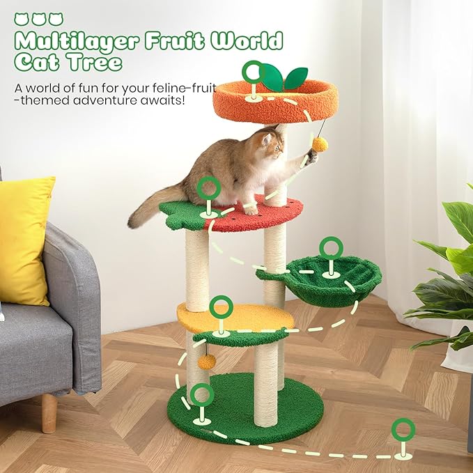 Happy &amp; Polly Cute Cat Tree - 40.5" Fruit World Cat Tower for Indoor Cats, Cat Tree Condo with Sisal Scratching Posts, Cozy Hammock, Plush Strawberry Perches, Kitten Cat Trees Towers Activity Center