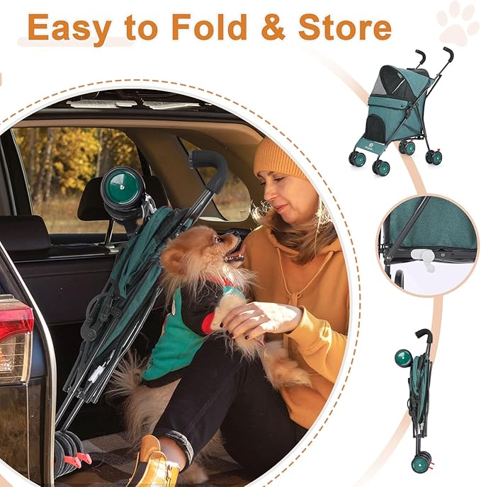 Umbrella Dog Stroller, 4 Wheels Pet Strolling, Foldable Carrier Pet Stroller for Small Dogs Cats, with Carrying Strap and Cup Holder, Dog Poop Bags &amp; Dispenser, Up to 33 lbs, Dark Green