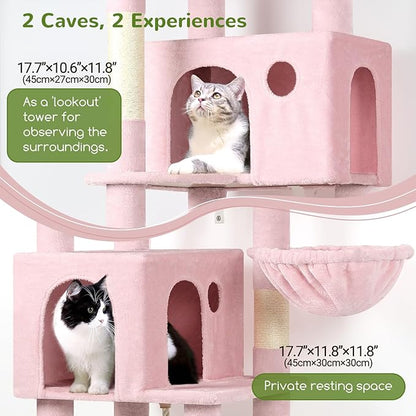Globlazer Pink Cat Tree, 70 inch Tall Scratching Tower Multi-Level Cat Condo for Indoor Multiple Cats with 2 Large Cat Caves, Top Perch, Large Platform, Bottom Swing, F70B, Pink