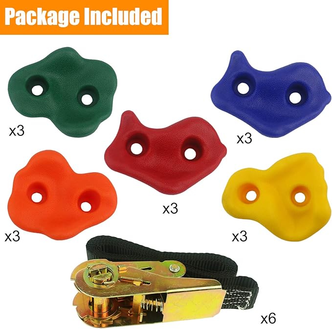 Ogrmar 15 Packs Ninja Tree Rock Climbing Holds Kits with 6 Ratchet Straps for Kids &amp; Adults Outdoor Backyard Ninja Tree Obstacle Course Training