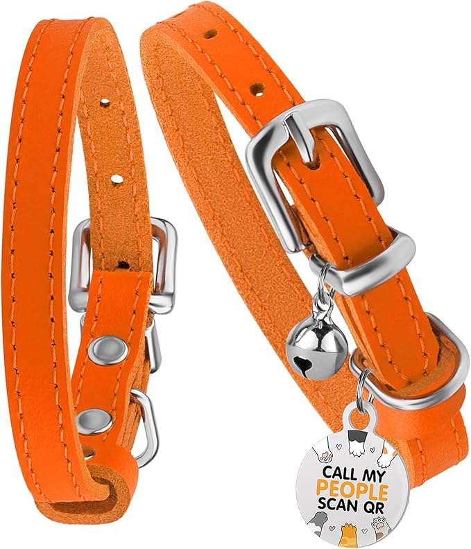 BRONZEDOG Leather Cat Collar with Removable Bells Non Breakaway Kitten QR Tag for Girl Boy (9" - 12" Cats/Mini Dogs, Orange &amp; Silver)