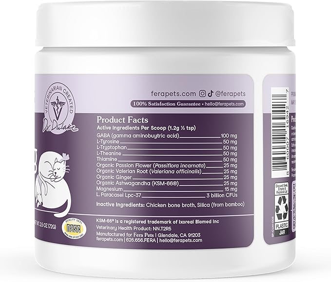 Fera Pets Calming Supplement for Dogs &amp; Cats with Probiotics, L-Theanine, and Ashwagandha - Supports Anxiety Relief - Promotes Relaxation - 60 Scoops