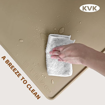 KVK Extra Extra Large Silicone Dog Food Mat 39.4×43.3in and 128oz Silicone Bag Set, Super Size Waterproof Pet Feeding Mat &amp; Container, Non-Slip, Chew-Resistant Floor Protection (Taupe&amp;Orange)