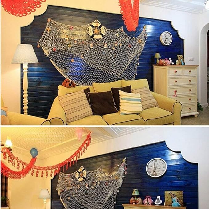 Nature Fish Net Wall Decoration with Shells, Ocean Themed Wall Hangings Fishing Net Party Decor for Pirate Party,Wedding,Photographing Decoration (Fishnet-2pack-Beige &amp; Blue)