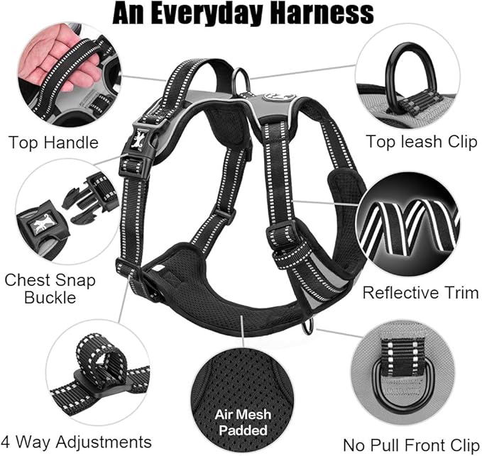 PoyPet No Pull Dog Harness, Reflective Comfortable Vest Harness with Front &amp; Back 2 Leash Attachments and Easy Control Handle Adjustable Soft Padded Pet Vest for Small to Large Dogs (Gray,XS)