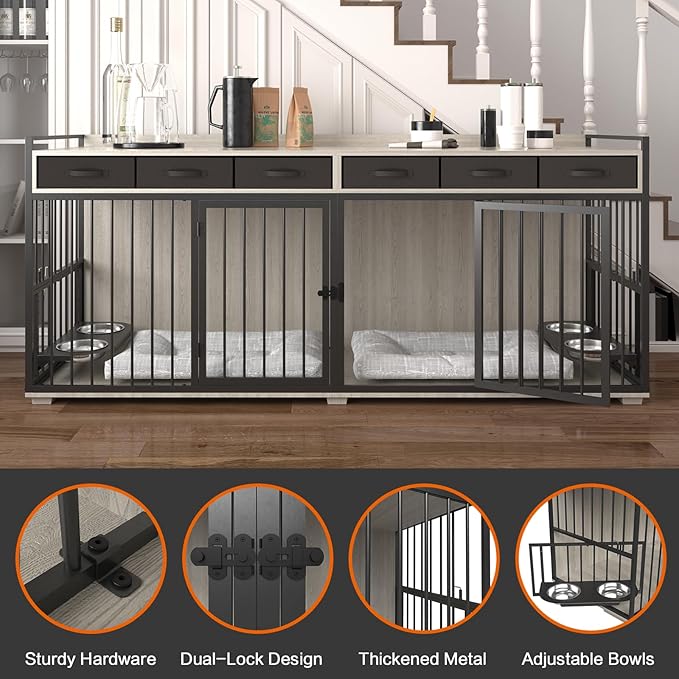 86.6inch Dog Crate Furniture with Storage,Furniture Style TV Stand Dog Kennel for 2 Dogs,with 6 Drawers,Removable Divider&amp;Adjustable Bowls,Heavy Duty Metal Chew-Resistant Dog Crate Furniture