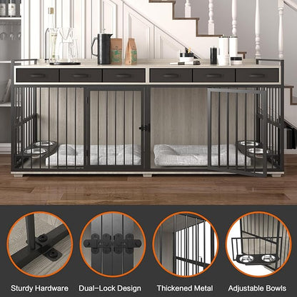 86.6inch Dog Crate Furniture with Storage,Furniture Style TV Stand Dog Kennel for 2 Dogs,with 6 Drawers,Removable Divider&amp;Adjustable Bowls,Heavy Duty Metal Chew-Resistant Dog Crate Furniture