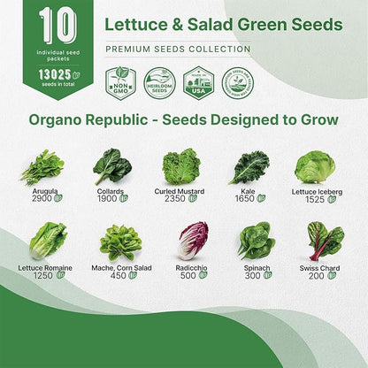 Organo Republic 10 Lettuce &amp; Salad Greens Seeds Variety Pack 13000+ Non-GMO Heirloom Lettuce Seeds for Planting Indoors &amp; Outdoors Garden, Hydroponics - Arugula, Radicchio, Kale, Spinach, Swiss Chard