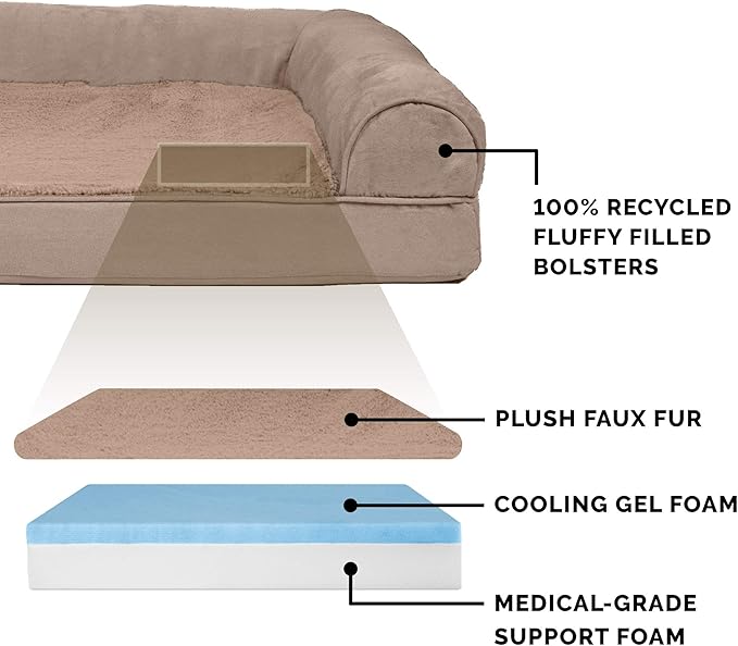 Furhaven Cooling Gel Dog Bed for Large Dogs w/ Removable Bolsters &amp; Washable Cover, For Dogs Up to 95 lbs - Plush &amp; Suede Sofa - Almondine, Jumbo/XL