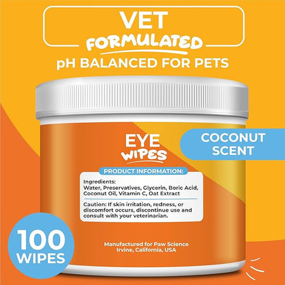 Dog Eye Wipes - Hypoallergenic Eye &amp; Face Wipes for Dogs, Cats, and Puppy - Pet Tear Stain Remover and Cleaner - Gently Cleans and Removes Discharge, Crust, and Gunk - Coconut