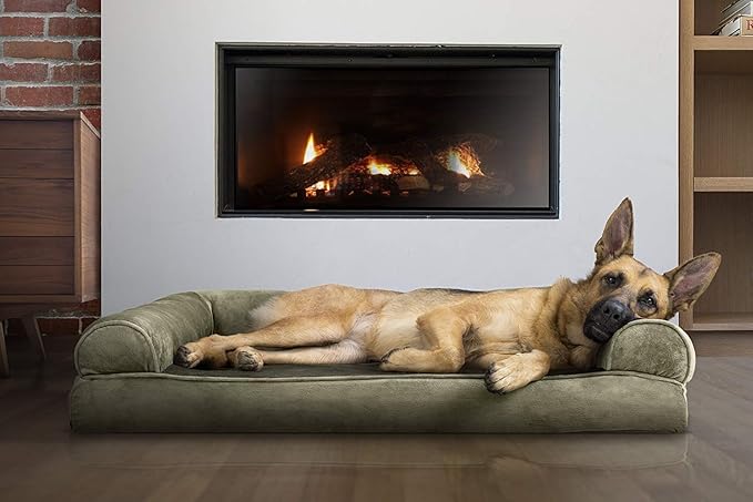 Furhaven Orthopedic Dog Bed for Large Dogs w/ Removable Bolsters &amp; Washable Cover, For Dogs Up to 95 lbs - Faux Fur &amp; Velvet Sofa - Dark Sage, Jumbo/XL
