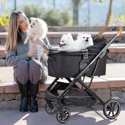 T6 Luxury Pet Stroller for Medium Dogs Up to 66lbs or 2 Small Pets – 3-in-1 Dog &amp; Cat Stroller with Removable Carrier, Foldable &amp; Lightweight (Black)