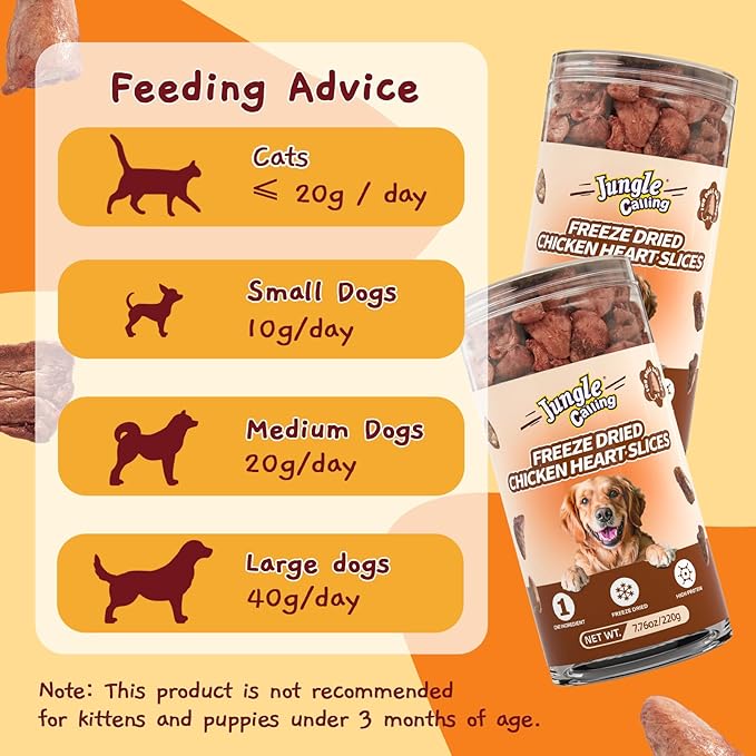Jungle Calling Cat Treats &amp; Dog Snacks, Freeze Dried Chicken Hearts Halves for Cats &amp; Dogs, Single Ingredient Organ Meat, High Protein Pet Training Treats &amp; Food Topper, 7.76 oz
