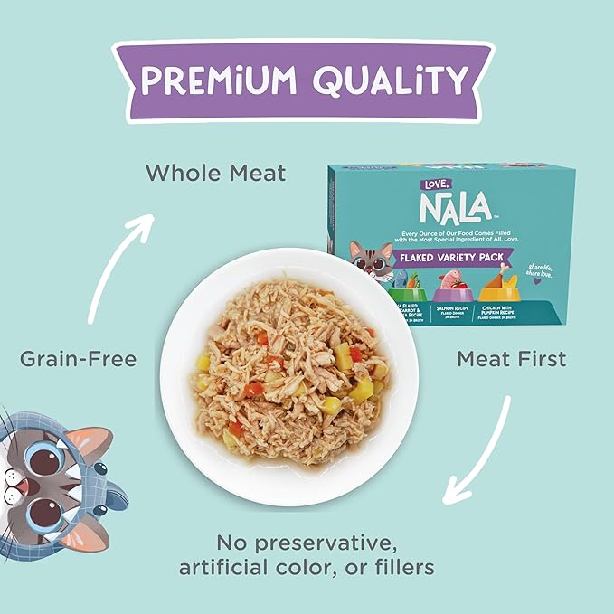 LOVE, NALA - FLAKED Fish Variety Pack - 24 Pack - Natural Adult Cat Wet Food - Grain Free, Non-GMO, Lean Protein, Omega 3, Added Minerals &amp; Vitamins