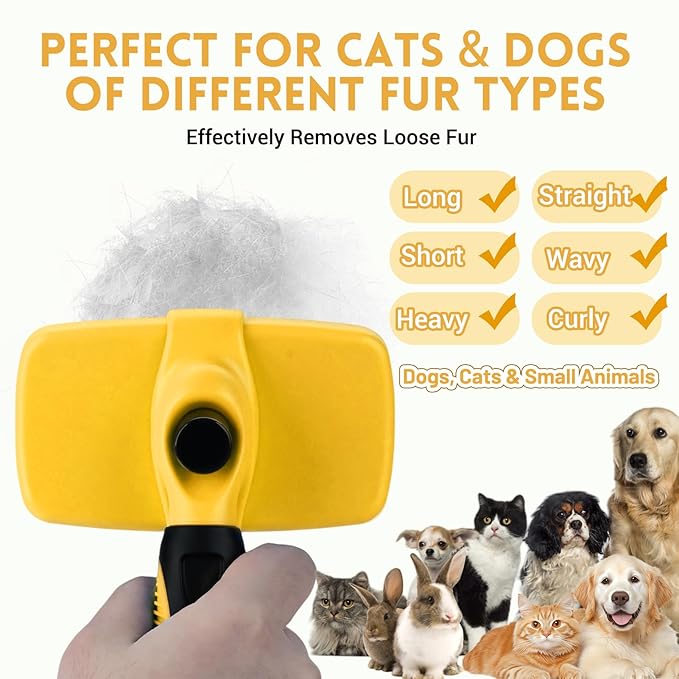 Large Self Cleaning Deshedding Brush for Dogs &amp; Cats - One Button Hair Release Grooming Tool, Gentle Massage Brush for Long and Short Hair (Yellow)