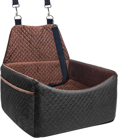 Dog Car Seat for Small Medium Dogs, Soft Fabric Dog Booster Seat with Storage Pockets, Safety Belt, Comfy Pet Car Seat Travel Bed, Removable and Washable