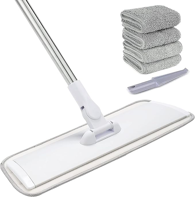 18" Professional Microfiber Mop Floor Cleaning System, Flat Mops with Stainless Steel Handle, 4 Reusable Washable Mop Pads, Wet and Dust Mopping for Hardwood, Vinyl, Laminate (White&amp;Grey)