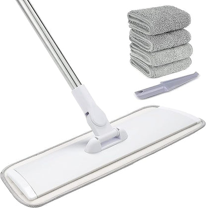 18" Professional Microfiber Mop Floor Cleaning System, Flat Mops with Stainless Steel Handle, 4 Reusable Washable Mop Pads, Wet and Dust Mopping for Hardwood, Vinyl, Laminate (White&amp;Grey)