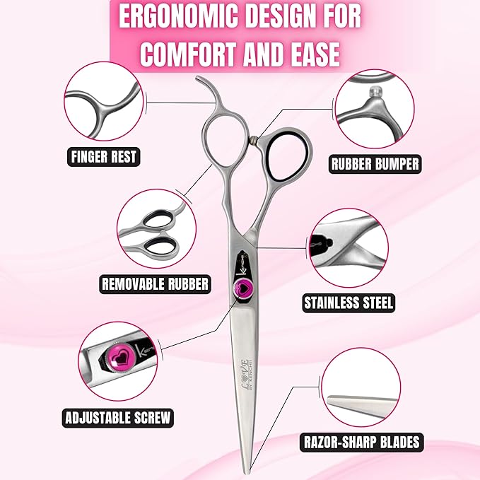 Kenchii Love Dog Grooming Scissors, 7 Inch Straight Shears, Dog Scissors for Grooming, Professional Pet Grooming Scissors, Ergonomic &amp; Comfortable