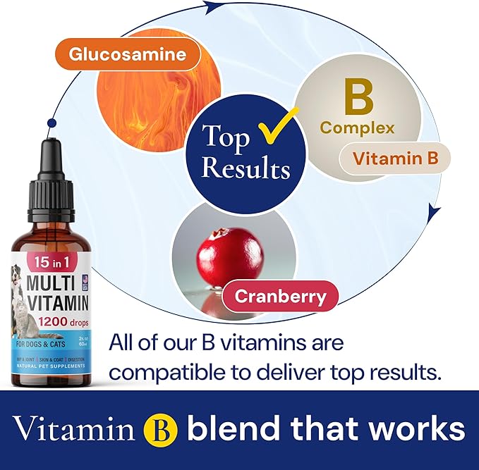 Advanced 15-in-1 Multivitamin for Dogs &amp; Cats - Premium Liquid Supplement with Glucosamine, Vitamin B Complex and Cranberry for Joint, Digestive, Skin, Immune &amp; UTI Support - 2.0 Fl Oz - Made in USA