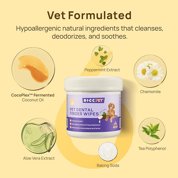 HICC PET Teeth Cleaning Wipes for Dogs &amp; Cats, Vet-Recommended Remove Bad Breath &amp; Plaque &amp; Tartar Buildup Dog Finger Toothbrush Wipes, No-Rinse Dog Tooth Brushing Kit Gentle Cleansing &amp; Gum Care