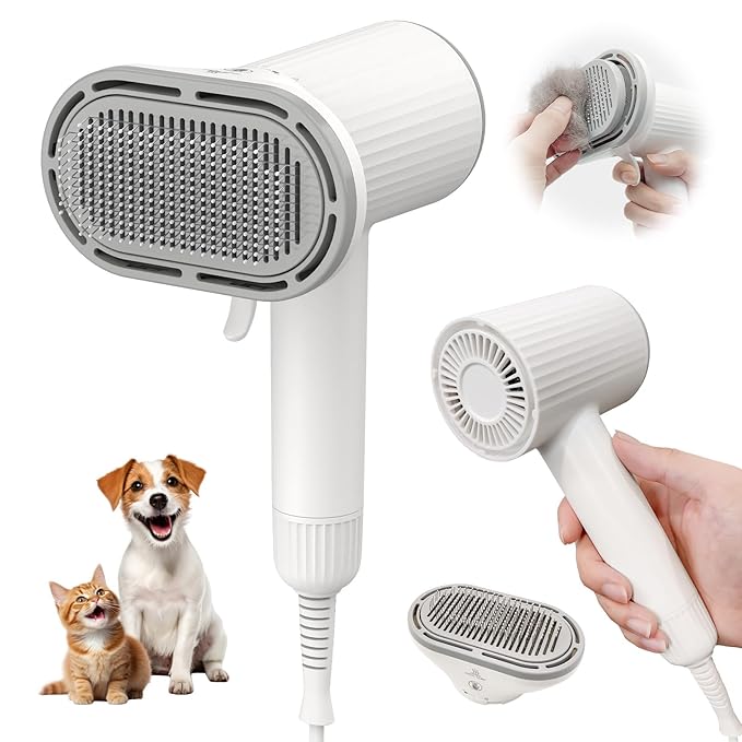 Dog Hair Dryer, Professional 2-in-1 Pet Hair Dryer &amp; Grooming Brush with Removable Comb, Adjustable Temperature/Speed, Portable Dryer for Dogs and Cats