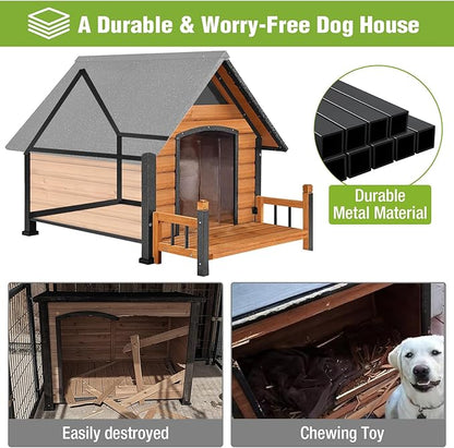 Dog House Outdoor Insulated, Sturdy &amp; Warm Winter Puppy Shelter, 45" L Large Dog Kennel with Chew-Proof Iron Frame, Suitable for Small to Large Dogs(Brown)