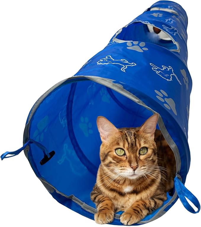 NFL Detroit Lions Cat Tunnel Tube Toy with Plush Football Catnip and Feathers Collapsible Tunnel for Cats to Play, Peek and Hide, Sporty &amp; Fun Cat Tunnel Toy with Team Logo All-Over Design!