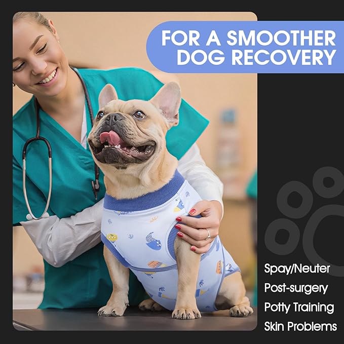 FUAMEY Recovery Suit for Dogs After Surgery,Soft Breathable Dog Bodysuit E-Collar &amp; Cone Alternative Surgical Suit,Male Female Dog Neuter Spay Suits Anti Licking Wounds Onesie Blue Boat XS
