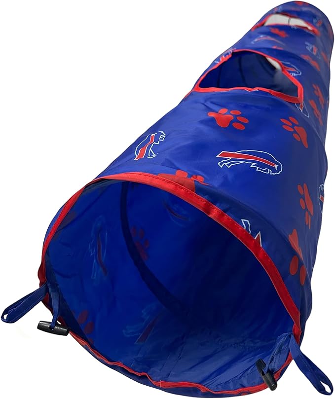 NFL Buffalo Bills Cat Tunnel Tube Toy with Plush Football Catnip and Feathers Collapsible Tunnel for Cats to Play, Peek and Hide, Sporty &amp; Fun Cat Tunnel Toy with Team Logo All-Over Design!
