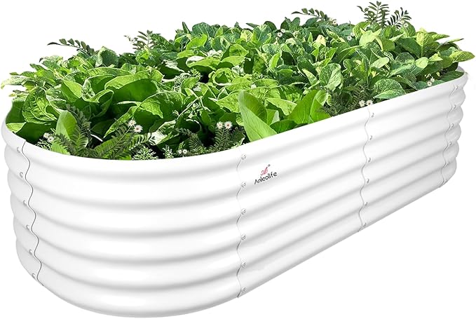 A ANLEOLIFE 6X2X1.5 ft Galvanized Raised Garden Beds Outdoor, Oval Round Metal Planter Box for Planting Vegetables Flowers Herb, Anti-Rust &amp; Easy-Setup, Antique White