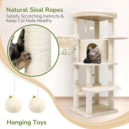 Globlazer Corner Cat Tree, 51in Curved Series Modern Cat Tower for Indoor Cats with Hammock, 7 Sisal Scratching Posts, Large Fan-Shaped Platform for Large Cats, Cat Condo &amp; Hanging Basket, C51, Beige