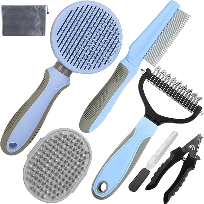 Dog Brush for Shedding,7 PCS Pet Grooming Brush Kit to De-fur &amp; Hair Slicker Deshedding Brushes with Undercoat Rake Comb Bath Brush&amp;Nail Clipper for Grooming Short Long Haired Dogs Cats Blue
