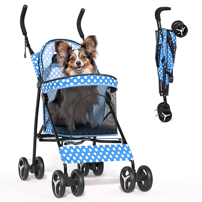 Magshion Compact Pet Stroller for Small-Medium Dogs/Cats up to 22lbs, 4-Wheel Lightweight Umbrella Shaped Portable Puppy Travel Jogger with Breathable Mesh &amp; Rear Storage, Sky Blue Polka Dots