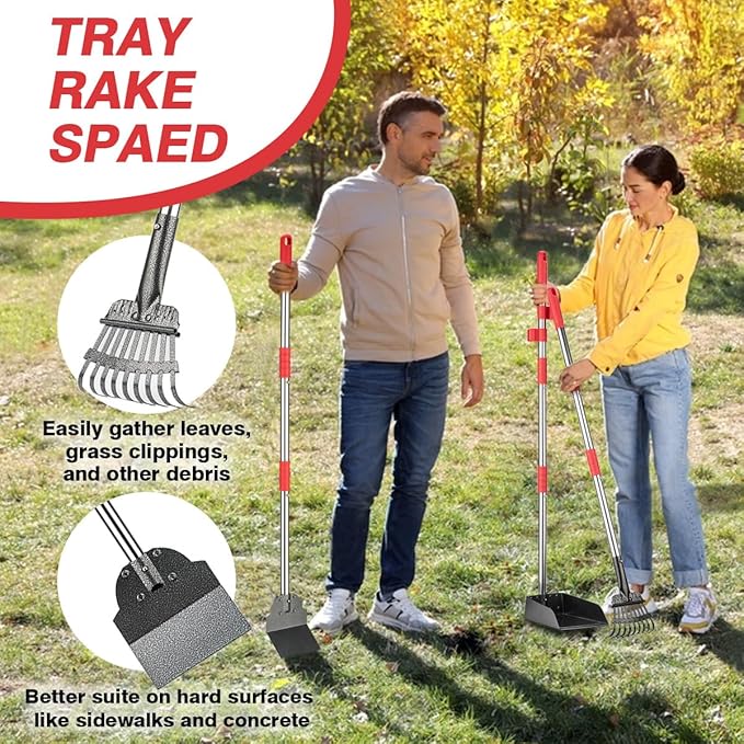 Pooper Scooper, Long Handle Dog Pooper Scooper, Heavy Duty Stainless Steel Rake with Tray &amp; Spade Set for Pet Waste Removal, for Grass, Dirt or Gravel