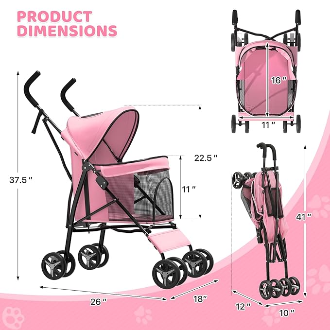 Magshion Compact Pet Stroller for Small-Medium Dogs/Cats up to 22lbs, 4-Wheel Lightweight Umbrella Shaped Portable Puppy Travel Jogger with Breathable Mesh &amp; Rear Storage, Pink