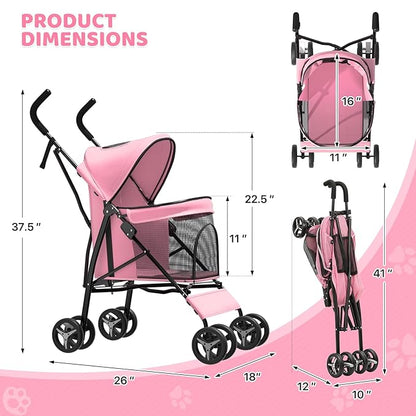 Magshion Compact Pet Stroller for Small-Medium Dogs/Cats up to 22lbs, 4-Wheel Lightweight Umbrella Shaped Portable Puppy Travel Jogger with Breathable Mesh &amp; Rear Storage, Pink