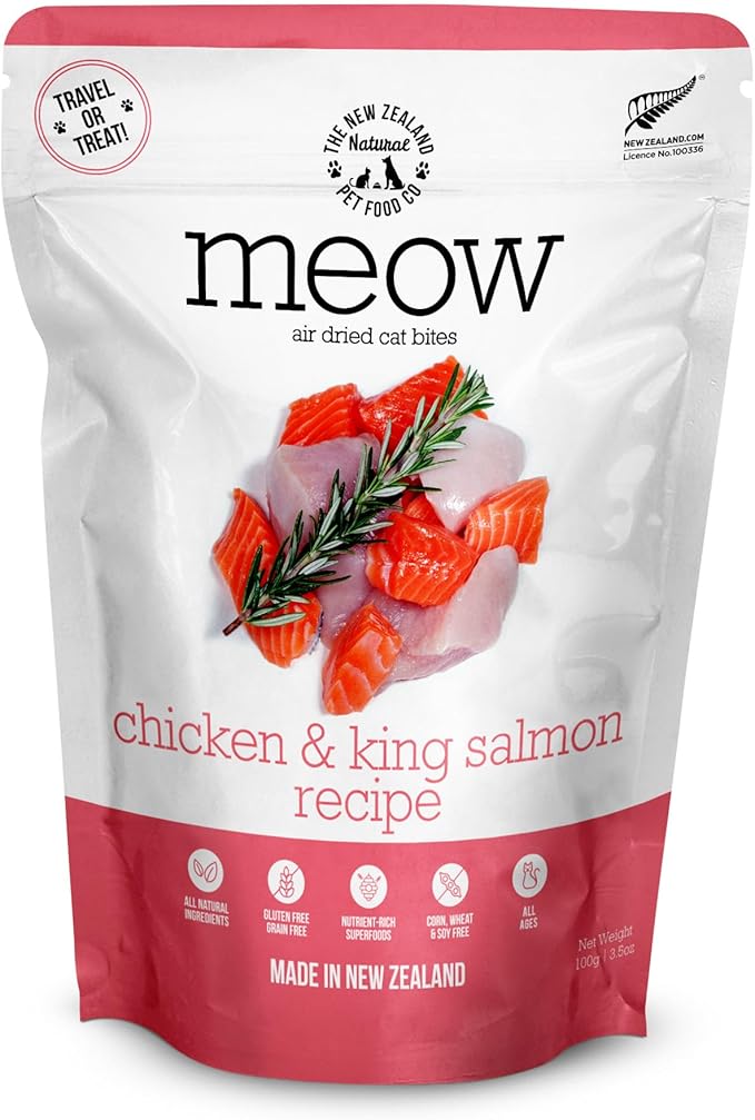 Meow e - Chicken &amp; King Salmon Recipe, Dry Cat Food Use as a Complete Diet, Topper, Mixer, or as Cat Training Treats, All Life Stages, 3.5 oz